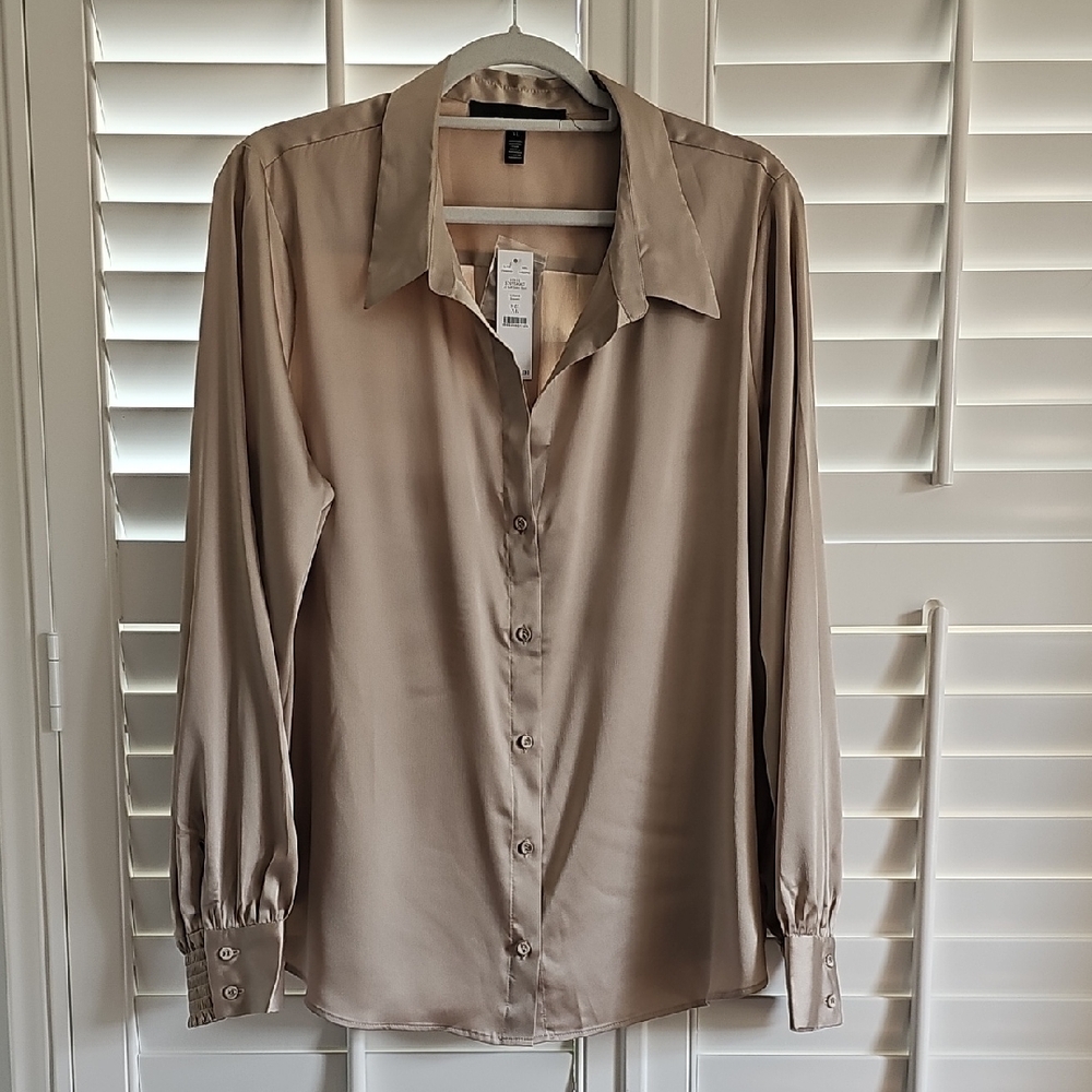 WHBM Silky Button Up Blouse In Biscotti